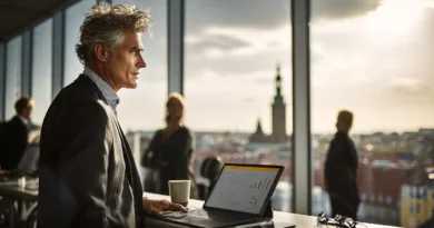 En medelålders man tittar ut över staden från ett modernt kontor med utsikt. Han arbetar vid en laptop med statistik på skärmen, medan solnedgången skapar en inspirerande atmosfär. Midcent. Ekonomi.