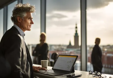 En medelålders man tittar ut över staden från ett modernt kontor med utsikt. Han arbetar vid en laptop med statistik på skärmen, medan solnedgången skapar en inspirerande atmosfär. Midcent. Ekonomi.