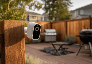 Midcent: Bilden visar en modern utomhuskamera monterad på ett trästaket i en välskött trädgård. Smarta hem-säkerhetslösningar framhävs i denna trygga och stilfulla miljö. Perfekt för trädgårdsentusiaster. Kategori: Teknik.