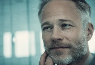 En medelålders man med grått skägg syns i närbild och ser reflekterande ut i en spegel. Bilden fångar en stund av eftertanke i ett badrum.Midcent, Hälsa.