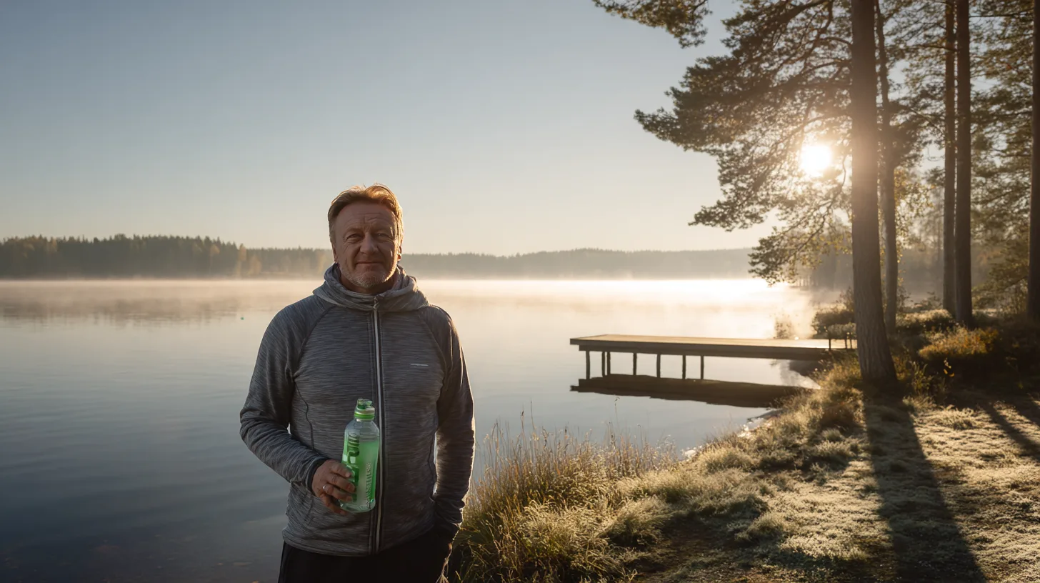 Midcent presenterar en medelålders man vid en stilla sjö, omgiven av höstlandskap och dimma. En perfekt miljö för reflektion och avkoppling. Fånga lugnet och naturens skönhet.Kategori: Hälsa.