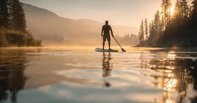 Midcent: En medelålders man paddlar på en stillsam sjö vid soluppgång, omgiven av dimhöljda berg och tät skog. Lugn och natur skapar en harmonisk atmosfär. Perfekt för att utforska friluftslivets skönhet. Kategori: Res