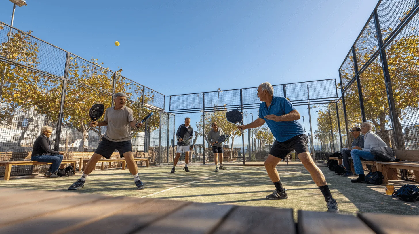 Midcent padeltennis spelas utomhus med fyra medelålders män i dynamisk aktivitet. Soligt väder och inramning av träd och åskådare ger en energisk atmosfär. Perfekt fritidssysselsättning för sportentusiaster. Sport.
