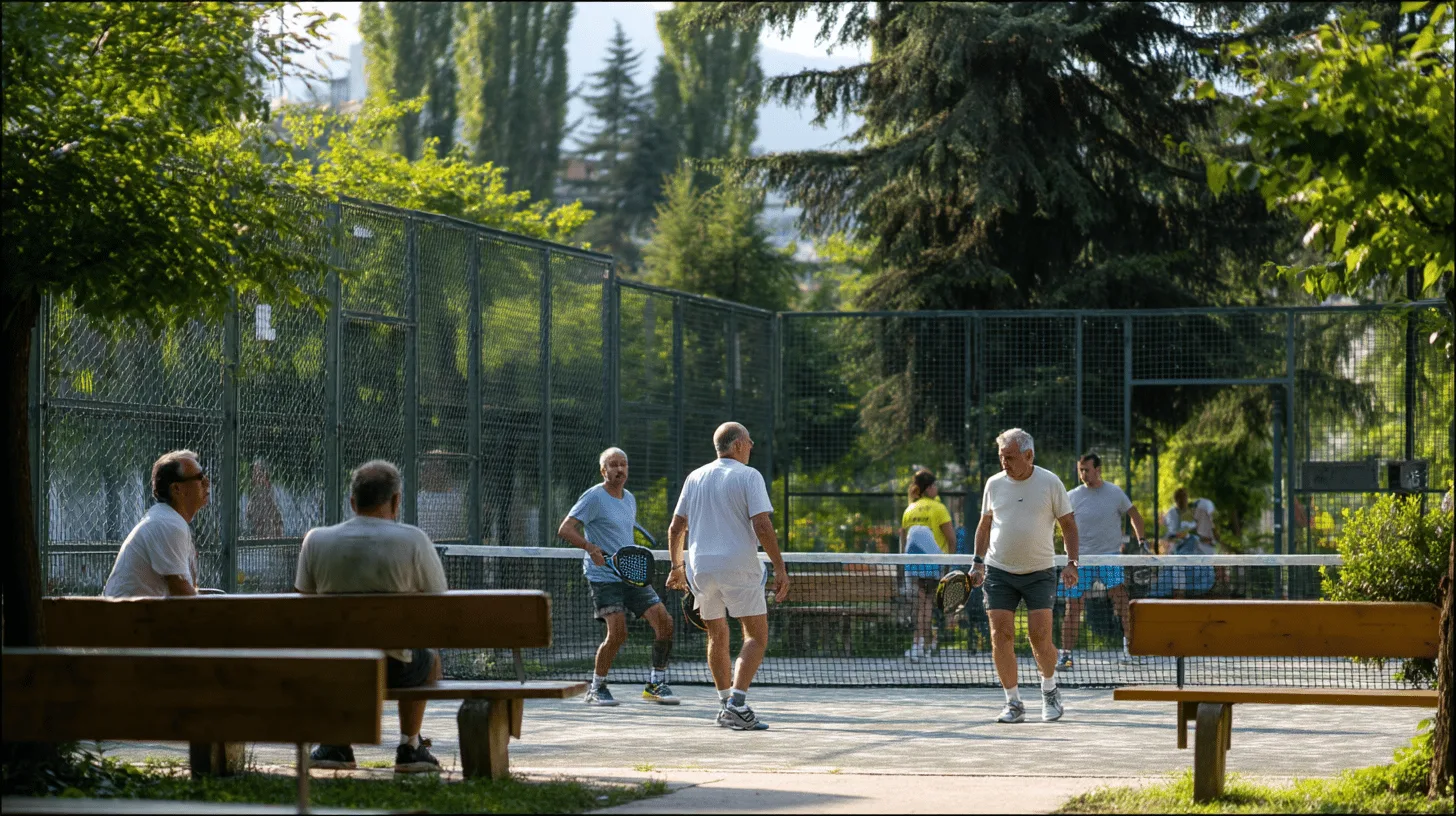 Midcent: En grupp äldre män spelar padeltennis i en solig park, omgiven av grönska och glada åskådare på bänkar. En perfekt dag för social aktivitet och rörelseglädje i det fria. Kategori: Sport.