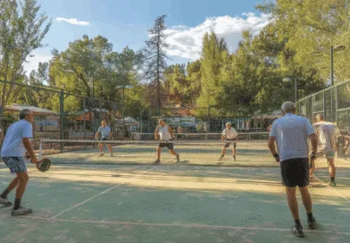 Midcent: En grupp medelålders män spelar padel utomhus en solig dag. Aktiv och social atmosfär med fokus på sport och rekreation. Perfekt för att pröva något nytt och hålla sig i form med vänner. Kategori: Sport.