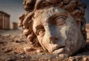 Midcent: En förfallen antik staty i ett ökenlandskap, med historiska ruiner i bakgrunden. Skulpturens detaljer är tidstypiska för antikens konst. Perfekt för den som är intresserad av arkeologi och antikens historia. Kategori: Resa.