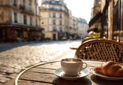 Midcent: En charmig fransk utomhusfrukost med kaffe och croissant på ett kafé. Solens strålar lyser upp miljön, vilket skapar en inbjudande atmosfär. Perfekt för att uppleva en genuin europeisk matupplevelse. Kategori: Resa.