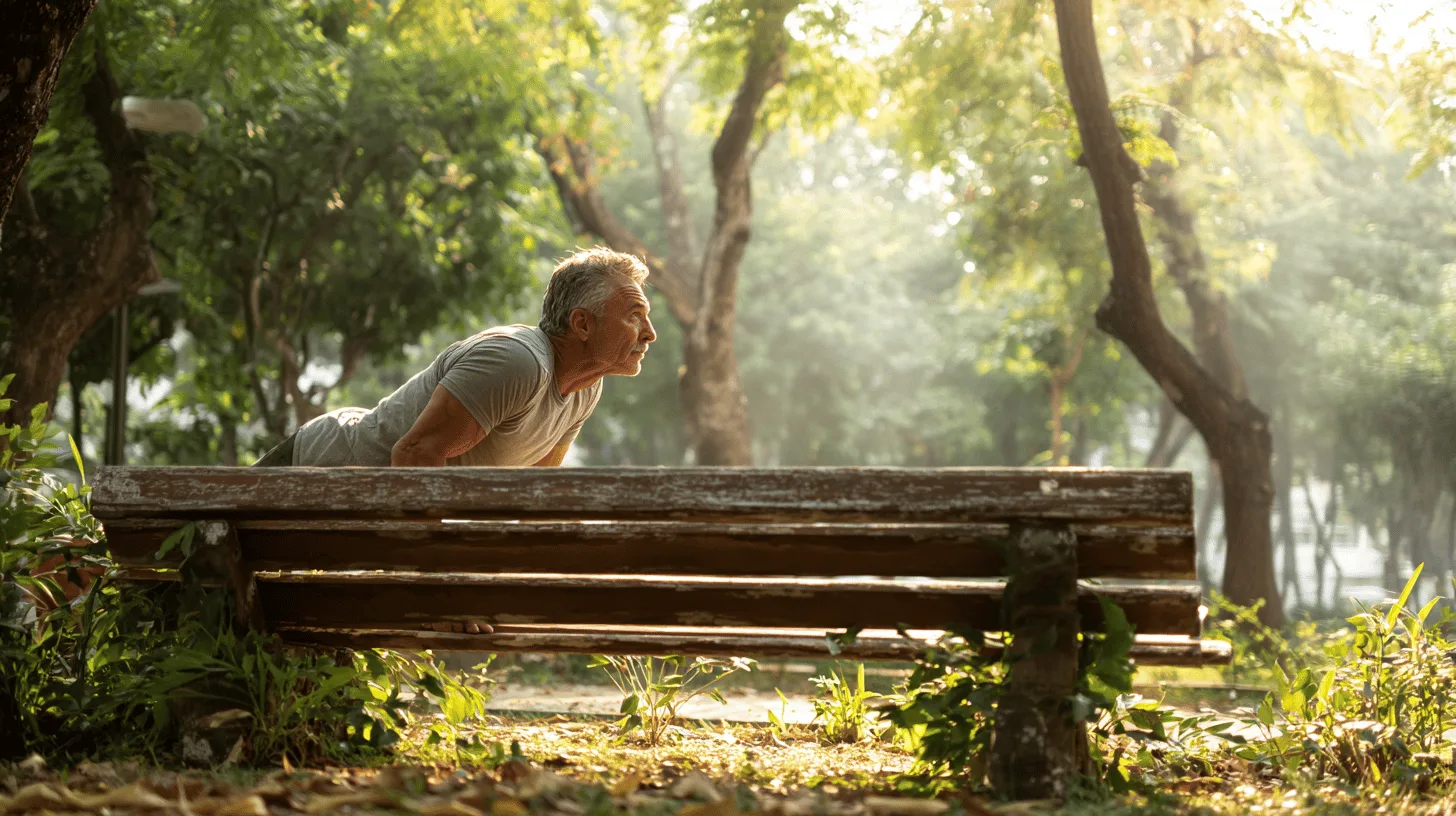 Midcent: En medelålders man tränar utomhus i en park, utför armhävningar mot en träbänk i solig miljö. Bilden fångar naturlig hälsa och aktiv livsstil, med grönska och morgonljus som förstärker upplevelsen. Kategori