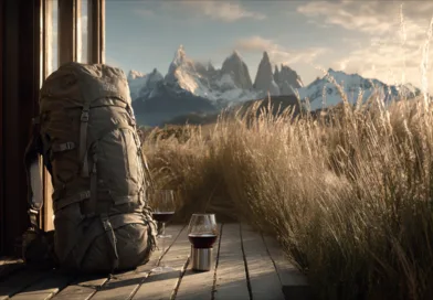 Midcent erbjuder en inspirerande bild av att njuta av naturen. En medelålders man tar en paus med ett backpack och vin i ett naturskönt landskap. Perfekt för friluftsentusiaster och naturälskare.Kategori: Resa.