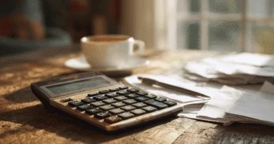 Midcent: Bilden visar ett skrivbord med en miniräknare och papper, vilket antyder ekonomiska beräkningar. En kaffekopp och penna kompletterar scenen, vilket skapar en atmosfär för budgetering och planering. Kategori: Ekonomi.