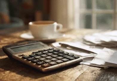 Midcent: Bilden visar ett skrivbord med en miniräknare och papper, vilket antyder ekonomiska beräkningar. En kaffekopp och penna kompletterar scenen, vilket skapar en atmosfär för budgetering och planering. Kategori: Ekonomi.