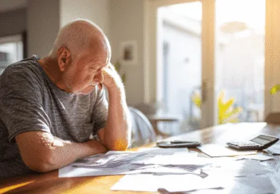 Midcent: En medelålders man sitter vid ett bord och granskar räkningar med bekymrad min. Solen skiner in genom fönstret och en kalkylator ligger bredvid. Ekonomi.