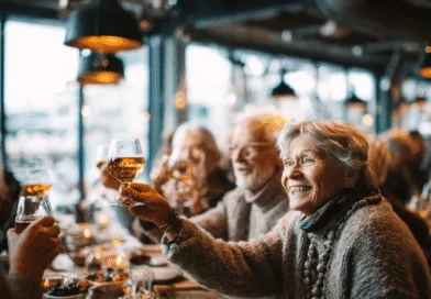 Midcent: En grupp äldre personer njuter av en social stund på en restaurang, fylld med glädje och värme. Perfekt för dem som söker gemenskap och delade upplevelser i en trivsam miljö. Kategori: Samhälle.