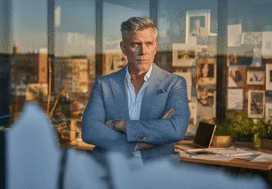 En medelålders man i en modern kontorsmiljö med armarna i kors och bestämd blick. Bakgrunden visar ett kreativt arbetsutrymme med foton och dokument. Midcent. Kategori: Ekonomi.