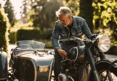 Midcent: En medelålders man i jeansjacka sitter på en klassisk motorcykel med sidvagn, omgiven av grönska och soligt ljus. Stämningen speglar frihet och nostalgi. Kategori: Resa.