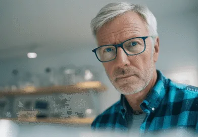 En medelålders man med grått hår och glasögon. Han ser fokuserad ut i en modern miljö med hyllor i bakgrunden. Bilden kan associeras med teknologi eller arbetsmiljö. Midcent. Kategori: Teknik.