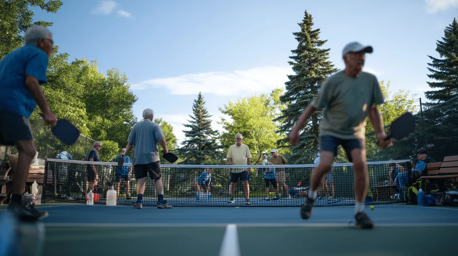 Midcent: Bilden visar ett livligt parti pickleball där flera medelålders män deltar på en utomhusbana omgiven av grönska. Soligt väder och energifull stämning skapar en trevlig utomhusupplevelse. Sport.