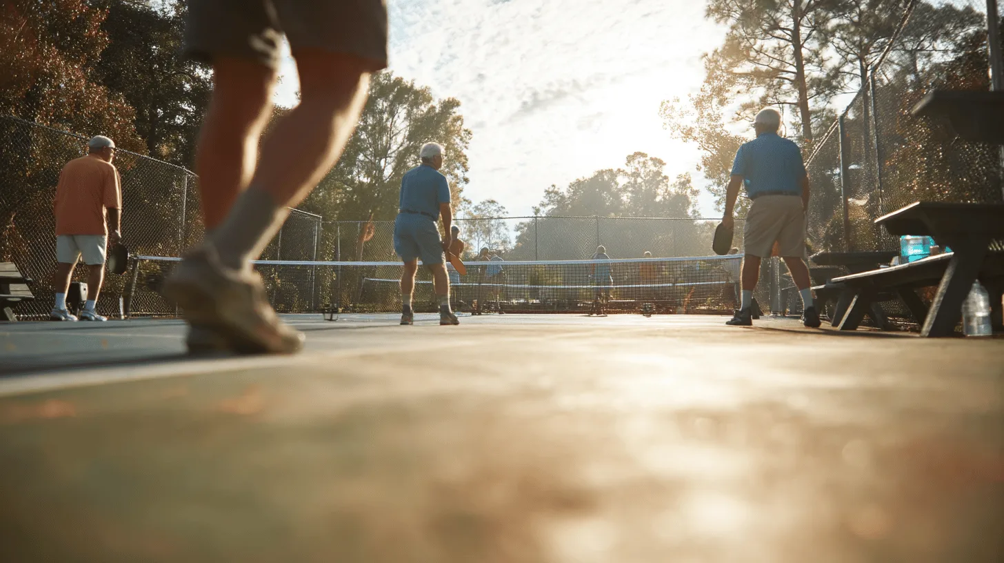 Midcent: En grupp äldre män spelar pickleball utomhus, omgivna av soligt väder och träd. Aktiv livsstil och sportgemenskap i fokus på denna avkopplande och sociala aktivitet. Perfekt för att främja hälsa och välmående. Kategori: Sport.