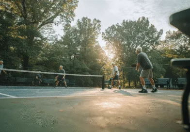 Midcent: En grupp äldre män spelar pickleball utomhus på en solbelyst bana, omgivna av gröna träd. Sport.