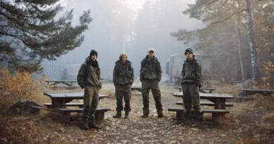 Midcent: Fyra tonåringar i vandringskläder står i en dimmig skog med picknickbord och höstlöv. Naturens tystnad skapar en upplevelse av friluftsliv och gemenskap i skogens lugn.Kategori: Resa.