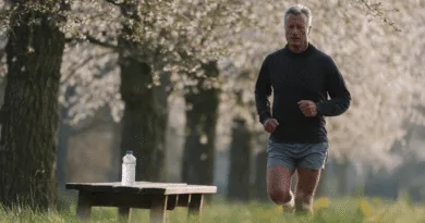 Midcent: En medelålders man joggar i en grönskande park med blommande träd. En vattenflaska står på en bänk i förgrunden. Perfekt bild av hälsa, kondition och utomhusaktiviteter. Kategori: Hälsa.