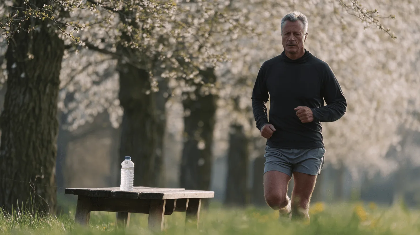 Midcent: En medelålders man joggar i en grönskande park med blommande träd. En vattenflaska står på en bänk i förgrunden. Perfekt bild av hälsa, kondition och utomhusaktiviteter. Kategori: Hälsa.