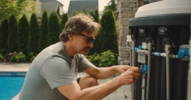 En medelålders man utför underhåll på en poolpump utomhus. Solglasögon, avslappnad miljö och teknikdetaljer skapar en sommarkänsla. Midcent. Kategori: Teknik.