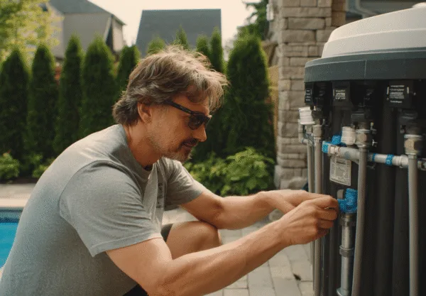 En medelålders man utför underhåll på en poolpump utomhus. Solglasögon, avslappnad miljö och teknikdetaljer skapar en sommarkänsla. Midcent. Kategori: Teknik.