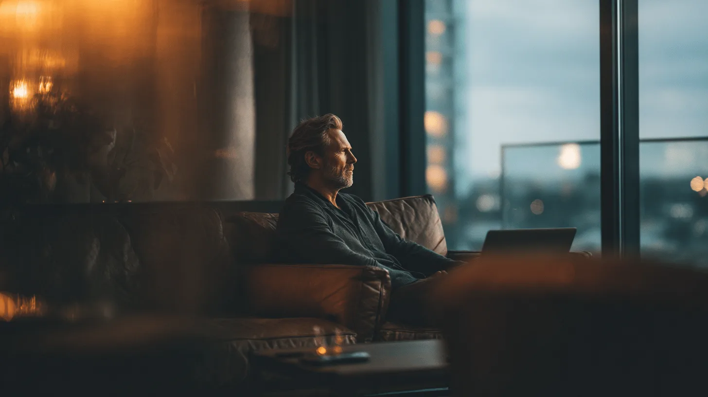 Midcent: En medelålders man sitter avslappnat i ett modernt vardagsrum med dämpad belysning, blickande ut genom ett stort fönster, vilket skapar en stämningsfull atmosfär. Teknik.