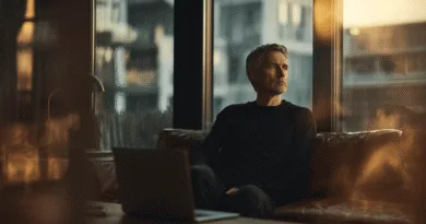Midcent: En medelålders man sitter eftertänksamt vid ett fönster i solnedgången med en dator framför sig. Miljön är dämpat upplyst och elegant, vilket ger en känsla av lugn och reflektion. Kategori: Samhälle.