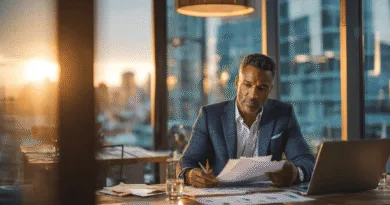 En medelålders man granskar dokument vid solnedgången i ett modernt kontor. Midcent presenterar bild av professionell arbetsmiljö och företagsamhet, perfekt för företagsstrategi och affärsplanering. Kategori: Ekonomi.