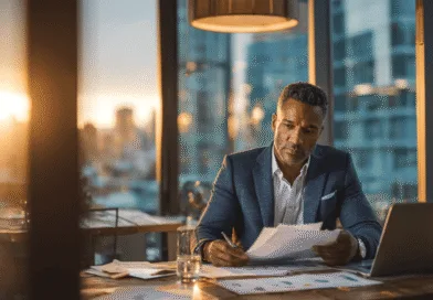 En medelålders man granskar dokument vid solnedgången i ett modernt kontor. Midcent presenterar bild av professionell arbetsmiljö och företagsamhet, perfekt för företagsstrategi och affärsplanering. Kategori: Ekonomi.