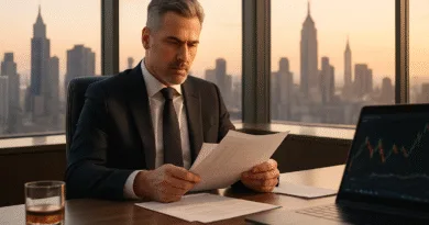 Midcent: En medelålders man i kostym studerar dokument i ett modernt kontor med utsikt över stadssilhuetten. Laptopen visar grafer, vilket tyder på finansiell analys. Perfekt för affärsstrategi och beslutsfattande. Kategori: Ekonomi.