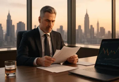 Midcent: En medelålders man i kostym studerar dokument i ett modernt kontor med utsikt över stadssilhuetten. Laptopen visar grafer, vilket tyder på finansiell analys. Perfekt för affärsstrategi och beslutsfattande. Kategori: Ekonomi.