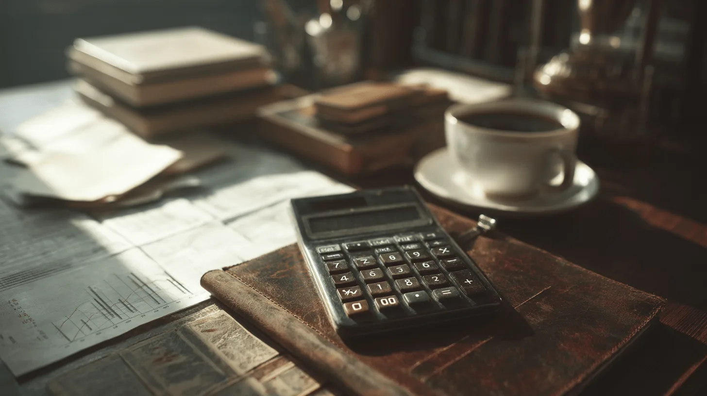 Midcent Ekonomi: En inbjudande arbetsplats fylld med verktyg för ekonomi, där kalkylator, grafer och kaffe signalerar produktivitet och finansanalys. Passar perfekt för dem som söker inspiration och insikt i ekonomiska processer.