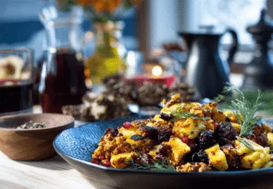 Midcent: En vackert presenterad maträtt med kryddor och dekorativa örter på ett matbord. Ingredienserna ger en känsla av rustik och varm atmosfär, perfekt för vintern. Kategorin är Mat.