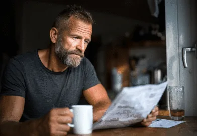 En medelålders man läser intresserat en tidning vid ett bord med en kaffekopp. Bilden fångar en lugn morgonstund. Perfekt för SEO med nyckelorden nyheter, avkoppling och kaffe. Midcent. Kategori: Samhälle.