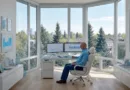 En medelålders man arbetar koncentrerat vid sitt skrivbord med dubbla skärmar i ett modernt kontor med stora fönster.