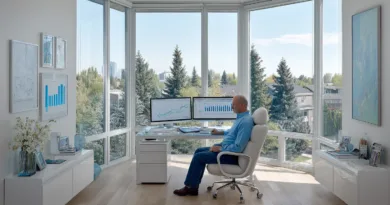 En medelålders man arbetar koncentrerat vid sitt skrivbord med dubbla skärmar i ett modernt kontor med stora fönster.