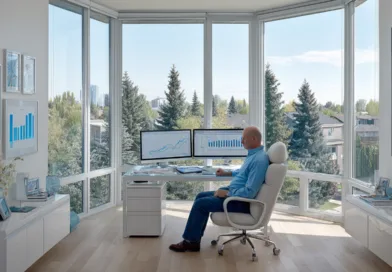 En medelålders man arbetar koncentrerat vid sitt skrivbord med dubbla skärmar i ett modernt kontor med stora fönster.