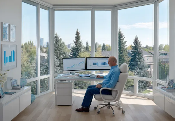 En medelålders man arbetar koncentrerat vid sitt skrivbord med dubbla skärmar i ett modernt kontor med stora fönster.