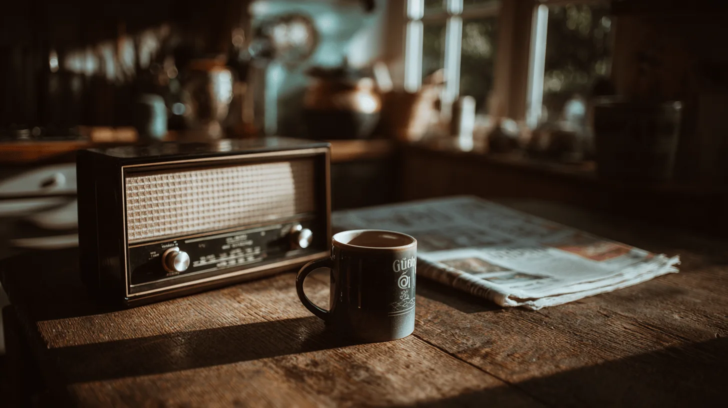 Midcent – En nostalgisk atmosfär med en klassisk radio, en kaffekopp och en tidning på ett träbord i morgonljus. Perfekt för att spegla stillheten i en traditionell start på dagen. Kategori: Underhållning.