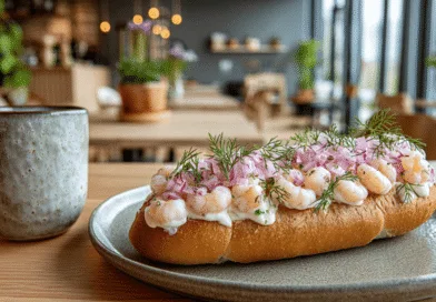 Midcent: En läcker räksmörgås toppad med färsk dill och rödlök bredvid en rustik kopp kaffe. Perfekt för en avkopplande fika. Kategori: Mat.