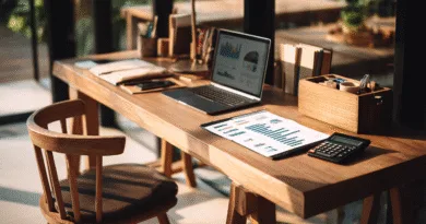 Midcent: En modern, välorganiserad kontorsmiljö med en laptop, grafdiagram och en miniräknare på ett träbord. Perfekt för produktiva arbetsdagar och finansiell analys. Kategori: Ekonomi.