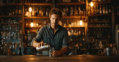 Midcent: En medelålders man blandar drinkar i en stämningsfull bar, omgiven av flaskor och glas. Varma ljus skapar en inbjudande atmosfär för en kväll med umgänge och nöje. Kategori: Underhållning.