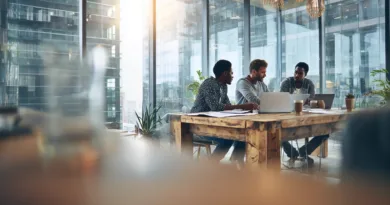 Midcent: En grupp vuxna män diskuterar projekt i ett modernt kontorsutrymme med stora fönster och växter, vilket skapar en inspirerande arbetsmiljö. Kategori: Teknik.