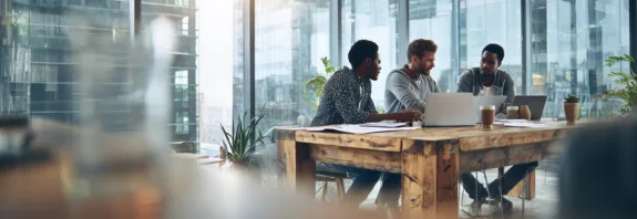 Midcent: En grupp vuxna män diskuterar projekt i ett modernt kontorsutrymme med stora fönster och växter, vilket skapar en inspirerande arbetsmiljö. Kategori: Teknik.