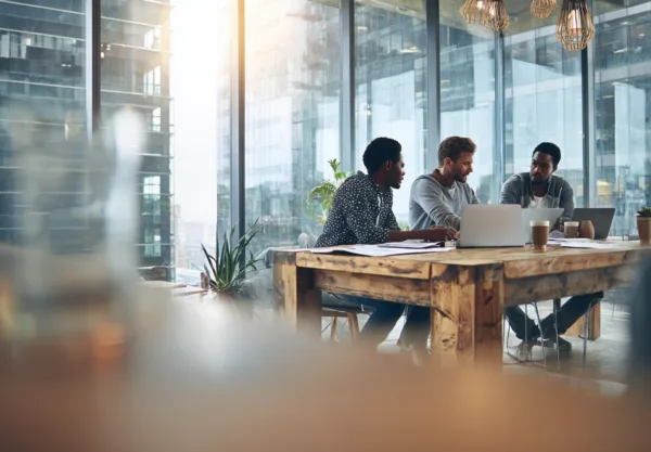 Midcent: En grupp vuxna män diskuterar projekt i ett modernt kontorsutrymme med stora fönster och växter, vilket skapar en inspirerande arbetsmiljö. Kategori: Teknik.