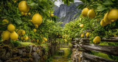 Midcent: Bild av en pittoresk citronlund med mogna citroner som hänger från träden. I bakgrunden syns majestätiska berg, vilket skapar en lugn och naturskön atmosfär. Perfekt för att inspirera till trädgårdsskötsel och odling. Kategori: