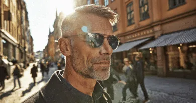 En medelålders man med solglasögon promenerar genom en solig stadsgata med gamla byggnader omkring. Människor går i bakgrunden, vilket skapar en livlig stadsatmosfär. Midcent: Resa.